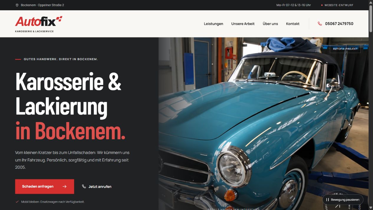 AutoFix Bockenem: freier Website-Gestaltungsvorschlag für Karosserie, Lack und Autoglas